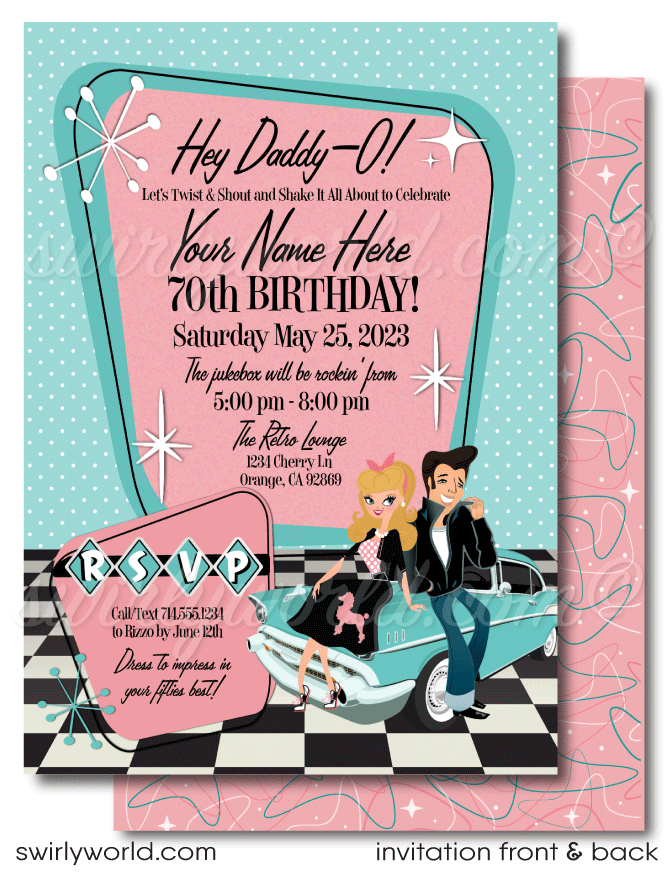 Retro rockabilly vintage Pink Ladies Grease themed pink and aqua blue sock hop 1950s poodle skirt birthday; digital invitation and thank you card download bundle.