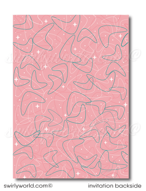 Retro rockabilly vintage Pink Ladies Grease themed pink and aqua blue sock hop 1950s poodle skirt birthday; digital invitation and thank you card download bundle.