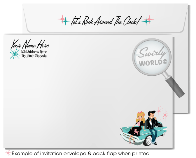 Retro rockabilly vintage Pink Ladies Grease themed pink and aqua blue sock hop 1950s poodle skirt birthday; digital invitation and thank you card download bundle.