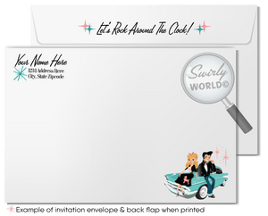 Retro rockabilly vintage Pink Ladies Grease themed pink and aqua blue sock hop 1950s poodle skirt birthday; digital invitation and thank you card download bundle.