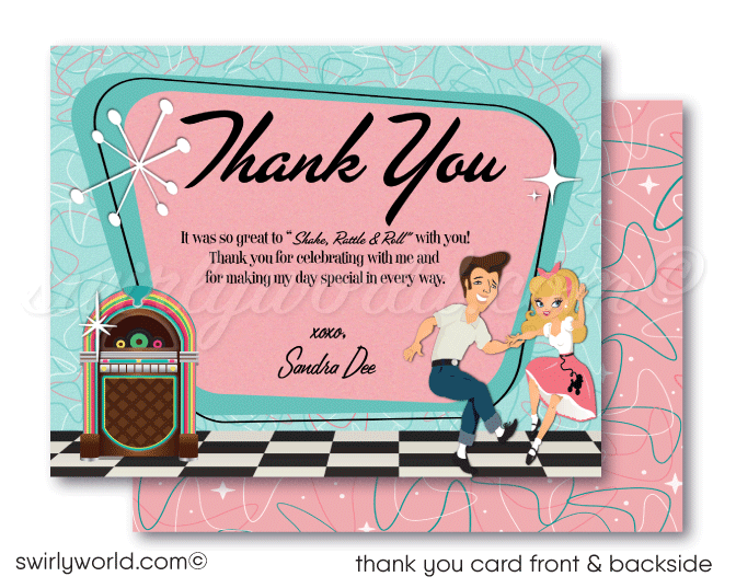 Retro rockabilly vintage Pink Ladies Grease themed pink and aqua blue sock hop 1950s poodle skirt birthday; digital invitation and thank you card download bundle.