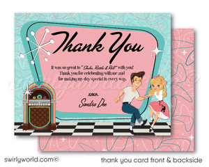 Retro rockabilly vintage Pink Ladies Grease themed pink and aqua blue sock hop 1950s poodle skirt birthday; digital invitation and thank you card download bundle.
