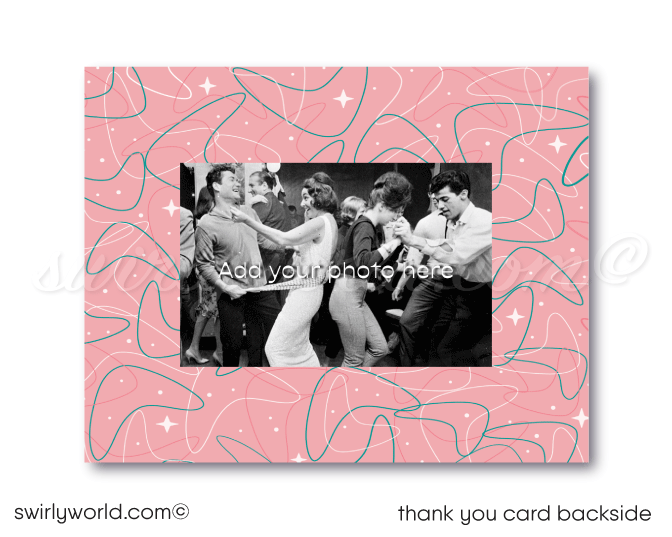 Retro rockabilly vintage Pink Ladies Grease themed pink and aqua blue sock hop 1950s poodle skirt birthday; digital invitation and thank you card download bundle.