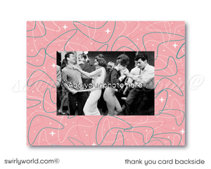 Retro rockabilly vintage Pink Ladies Grease themed pink and aqua blue sock hop 1950s poodle skirt birthday; digital invitation and thank you card download bundle.