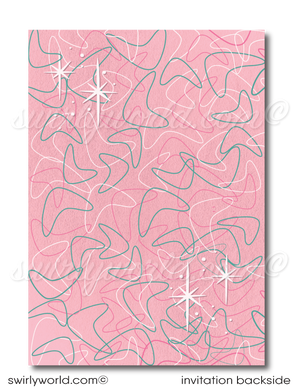 Retro vintage Pink Ladies Grease themed "Let's Bowl" pink and blue 1950s rockabilly bowling party poodle skirt birthday; fifties digital invitation and thank you card download bundle.