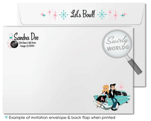 Retro vintage Pink Ladies Grease themed "Let's Bowl" pink and blue 1950s rockabilly bowling party poodle skirt birthday; fifties digital invitation and thank you card download bundle.
