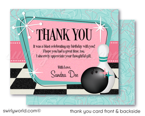 Retro vintage Pink Ladies Grease themed "Let's Bowl" pink and blue 1950s rockabilly bowling party poodle skirt birthday; fifties digital invitation and thank you card download bundle.