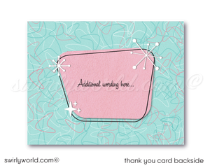 Retro vintage Pink Ladies Grease themed "Let's Bowl" pink and blue 1950s rockabilly bowling party poodle skirt birthday; fifties digital invitation and thank you card download bundle.