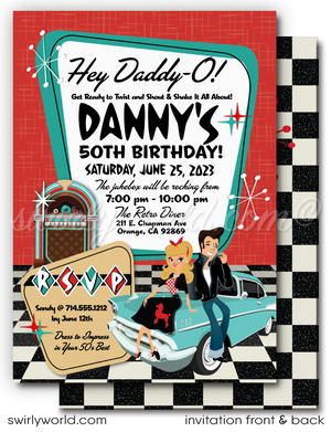 Step back to the 1950s with Swirly World's Retro Rockabilly Birthday Party Invitation Set! 🎉✨ Featuring a stylish couple, poodle skirt, leather jacket, and 1957 Chevy car. Customize hair, skin, and eye colors. Includes digital invitations, thank you cards, and envelopes. Perfect for a nostalgic celebration!