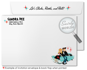 Step back to the 1950s with Swirly World's Retro Rockabilly Birthday Party Invitation Set! 🎉✨ Featuring a stylish couple, poodle skirt, leather jacket, and 1957 Chevy car. Customize hair, skin, and eye colors. Includes digital invitations, thank you cards, and envelopes. Perfect for a nostalgic celebration!