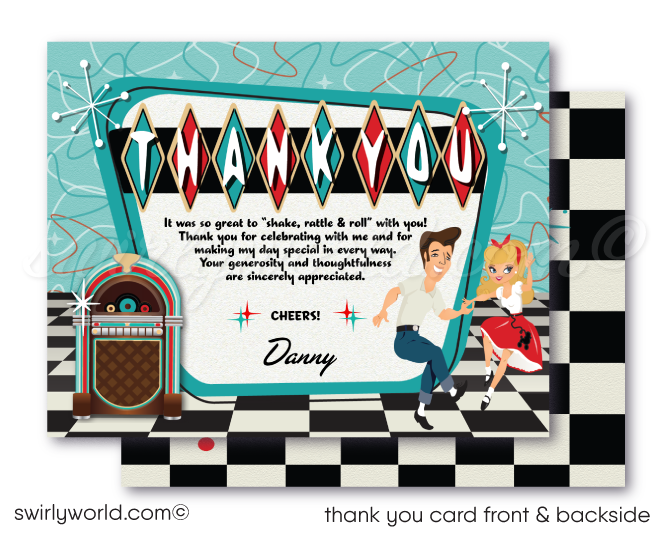 Retro 1950s Rockabilly Diner Vintage Car Birthday Invites & Thank You Cards Digital