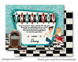 Step back to the 1950s with Swirly World's Retro Rockabilly Birthday Party Invitation Set! 🎉✨ Featuring a stylish couple, poodle skirt, leather jacket, and 1957 Chevy car. Customize hair, skin, and eye colors. Includes digital invitations, thank you cards, and envelopes. Perfect for a nostalgic celebration!