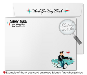 Step back to the 1950s with Swirly World's Retro Rockabilly Birthday Party Invitation Set! 🎉✨ Featuring a stylish couple, poodle skirt, leather jacket, and 1957 Chevy car. Customize hair, skin, and eye colors. Includes digital invitations, thank you cards, and envelopes. Perfect for a nostalgic celebration!