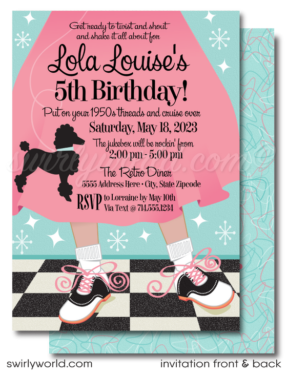 Plunge into the enchanting world of the 1950s with our "Grease" Pink Ladies-inspired Poodle Skirt Sock Hop Birthday Party digital invitation collection. At the heart of this delightful design lies a charming pink skirt adorned with a classic black poodle and the timeless saddle shoes, set against a backdrop of a black and white checkered floor accentuated with powder pink and blue starbursts.