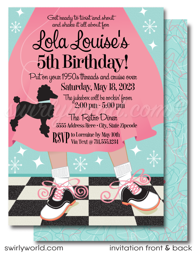 Plunge into the enchanting world of the 1950s with our "Grease" Pink Ladies-inspired Poodle Skirt Sock Hop Birthday Party digital invitation collection. At the heart of this delightful design lies a charming pink skirt adorned with a classic black poodle and the timeless saddle shoes, set against a backdrop of a black and white checkered floor accentuated with powder pink and blue starbursts.