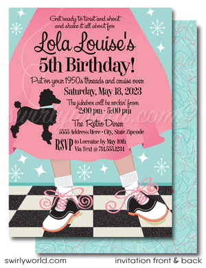 Retro vintage Pink Ladies Grease themed pink and blue sock hop, 1950s poodle skirt birthday; fifties birthday printed invitations. 