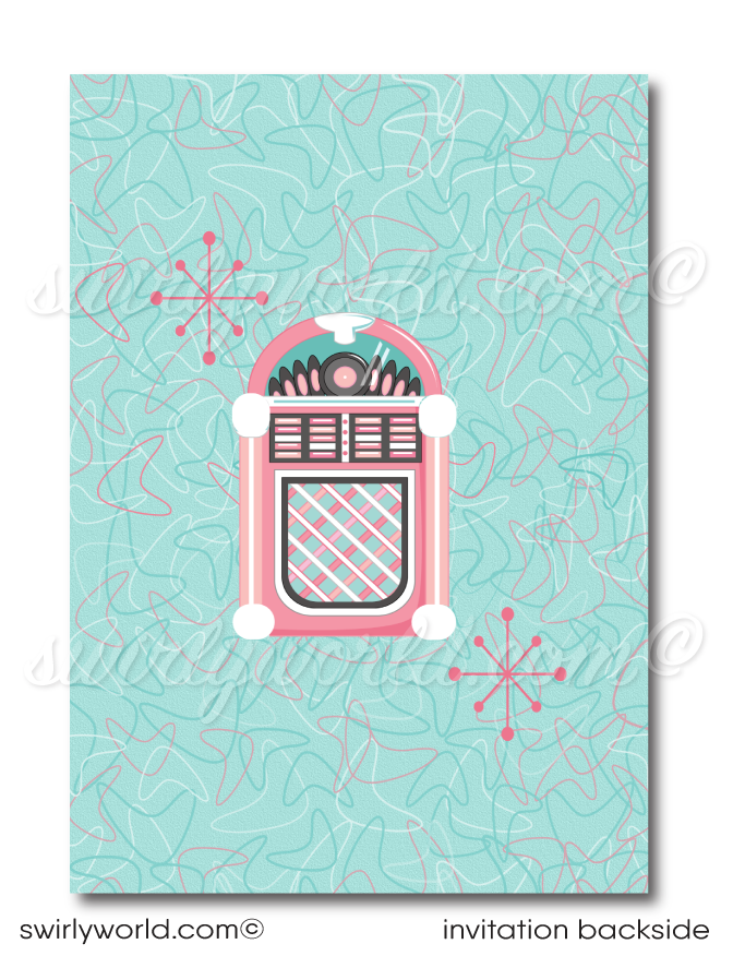 Retro vintage Pink Ladies Grease themed pink and blue sock hop, 1950s poodle skirt birthday; fifties birthday printed invitations. 