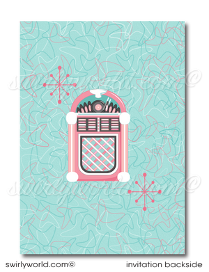 Retro vintage Pink Ladies Grease themed pink and blue sock hop, 1950s poodle skirt birthday; fifties birthday printed invitations. 