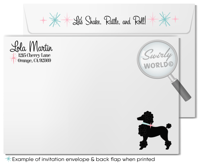 Retro vintage Pink Ladies Grease themed pink and blue sock hop 1950s poodle skirt birthday; fifties digital invitation and thank you card download bundle.