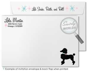 Retro vintage Pink Ladies Grease themed pink and blue sock hop 1950s poodle skirt birthday; fifties digital invitation and thank you card download bundle.