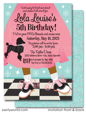 1950s Retro Pink Ladies Grease Poodle Skirt Sock Hop Fifties Birthday Party Invitations