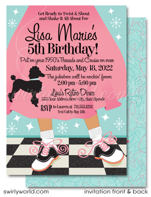 1950s Retro Pink Ladies Grease Poodle Skirt Sock Hop Fifties Birthday Party Invitations