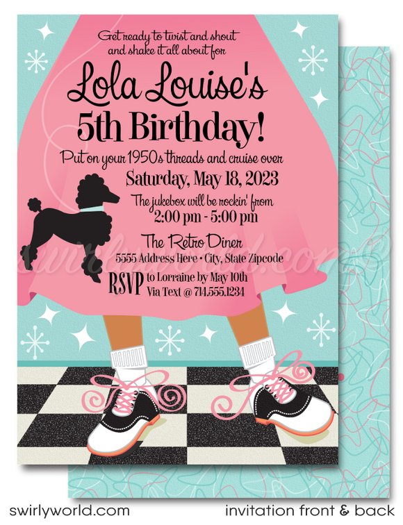 Plunge into the enchanting world of the 1950s with our "Grease" Pink Ladies-inspired Poodle Skirt Sock Hop Birthday Party digital invitation collection. At the heart of this delightful design lies a charming pink skirt adorned with a classic black poodle and the timeless saddle shoes, set against a backdrop of a black and white checkered floor accentuated with powder pink and blue starbursts.