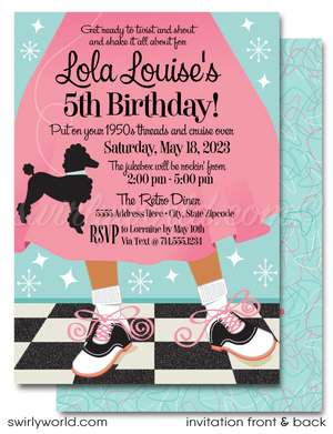 1950s Retro Pink Ladies Grease Poodle Skirt Sock Hop Fifties Birthday Party Invitations