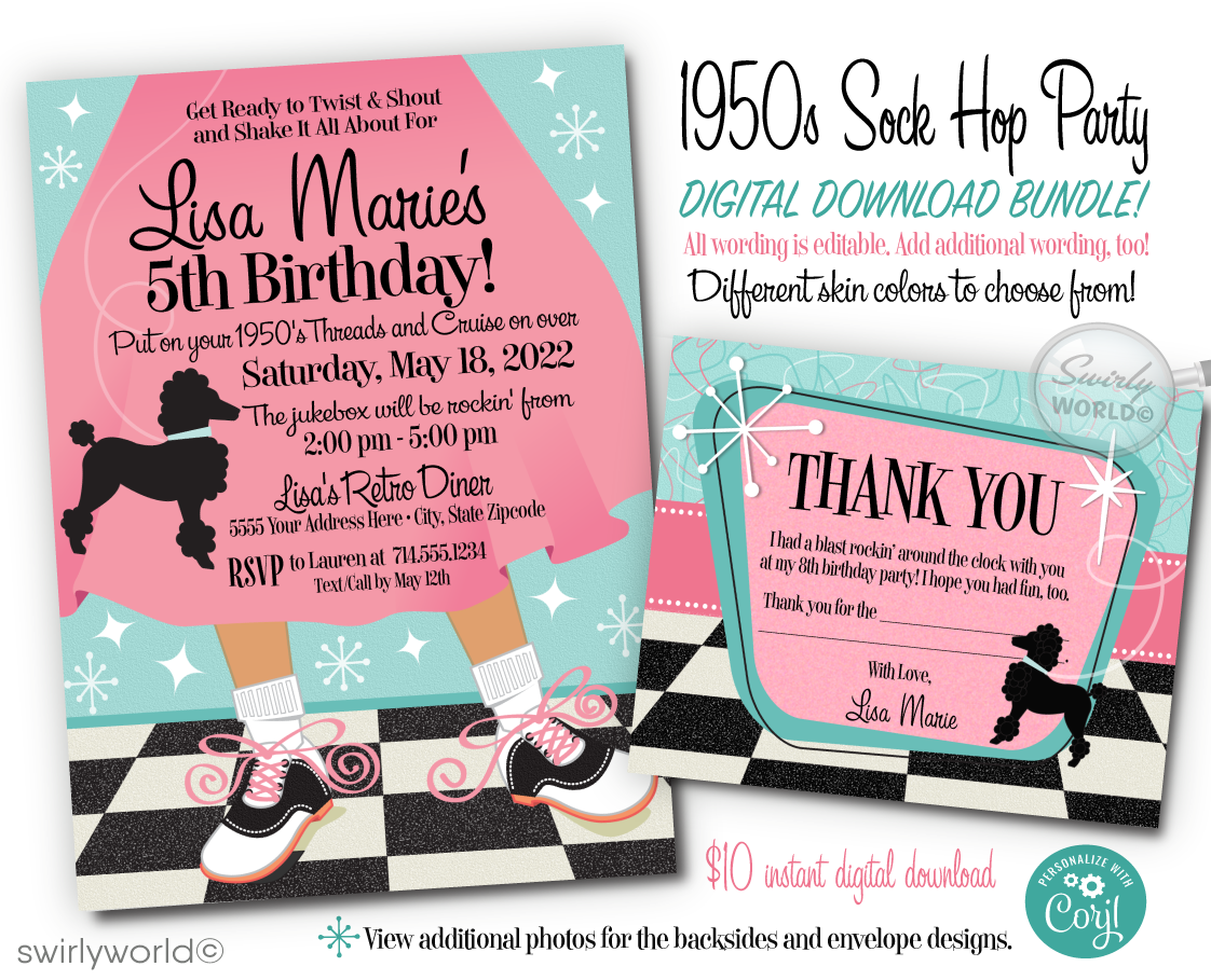 Plunge into the enchanting world of the 1950s with our "Grease" Pink Ladies-inspired Poodle Skirt Sock Hop Birthday Party digital invitation collection. At the heart of this delightful design lies a charming pink skirt adorned with a classic black poodle and the timeless saddle shoes, set against a backdrop of a black and white checkered floor accentuated with powder pink and blue starbursts.
