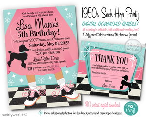 Plunge into the enchanting world of the 1950s with our "Grease" Pink Ladies-inspired Poodle Skirt Sock Hop Birthday Party digital invitation collection. At the heart of this delightful design lies a charming pink skirt adorned with a classic black poodle and the timeless saddle shoes, set against a backdrop of a black and white checkered floor accentuated with powder pink and blue starbursts.