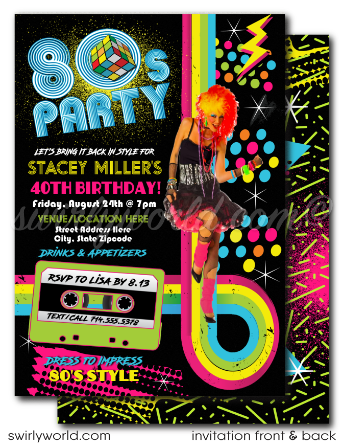 Step into 1980s neon-lit nostalgia with our Gen X Eighties Dance Party Invitation Set! 🎉🕺 Featuring neon colors, cool '80s fonts, Rubik's Cubes, and cassette tapes. Includes digital invitations, thank you cards, and envelopes. Personalize with your own photo. Perfect for milestone birthdays and themed events! 