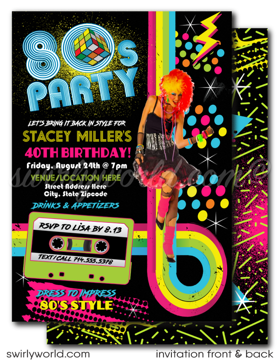 Step into 1980s neon-lit nostalgia with our Gen X Eighties Dance Party Invitation Set! 🎉🕺 Featuring neon colors, cool '80s fonts, Rubik's Cubes, and cassette tapes. Includes digital invitations, thank you cards, and envelopes. Personalize with your own photo. Perfect for milestone birthdays and themed events! 