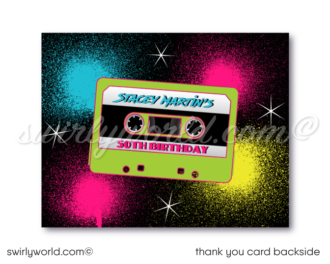 Retro "totally rad" 80s Eighties Gen X 50th birthday party design; 1980s flashback digital invitation, thank you card, and envelope design.Step into 1980s neon-lit nostalgia with our Gen X Eighties Dance Party Invitation Set! 🎉🕺 Featuring neon colors, cool '80s fonts, Rubik's Cubes, and cassette tapes. Includes digital invitations, thank you cards, and envelopes. Personalize with your own photo. Perfect for milestone birthdays and themed events! 