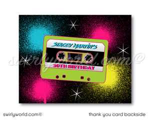 Retro "totally rad" 80s Eighties Gen X 50th birthday party design; 1980s flashback digital invitation, thank you card, and envelope design.Step into 1980s neon-lit nostalgia with our Gen X Eighties Dance Party Invitation Set! 🎉🕺 Featuring neon colors, cool '80s fonts, Rubik's Cubes, and cassette tapes. Includes digital invitations, thank you cards, and envelopes. Personalize with your own photo. Perfect for milestone birthdays and themed events! 
