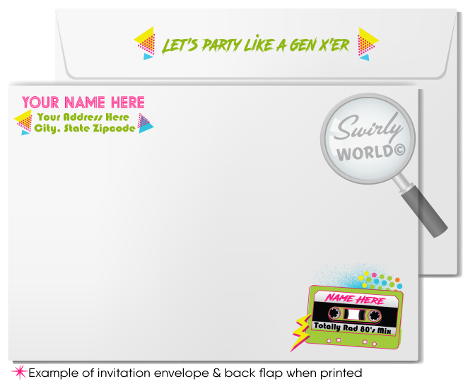 Retro "totally rad" 80s Eighties Gen X 50th birthday party design; 1980s flashback digital invitation, thank you card, and envelope design.Step into 1980s neon-lit nostalgia with our Gen X Eighties Dance Party Invitation Set! 🎉🕺 Featuring neon colors, cool '80s fonts, Rubik's Cubes, and cassette tapes. Includes digital invitations, thank you cards, and envelopes. Personalize with your own photo. Perfect for milestone birthdays and themed events! 