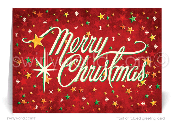 1950's Retro Mid-Century Style Vintage Merry Christmas Starbursts Holiday Greeting Cards