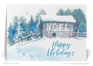 Rustic Noel Barn Watercolor Nature Holiday Greeting Cards for Customers