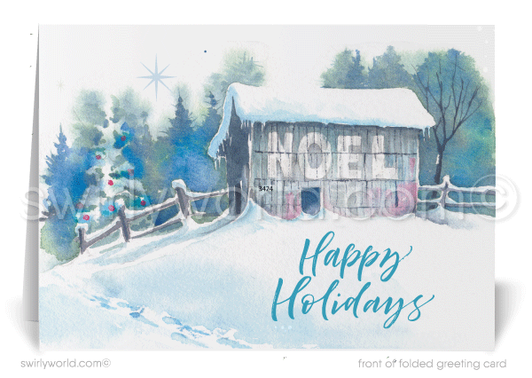 Rustic Noel Barn Watercolor Nature Holiday Greeting Cards for Customers