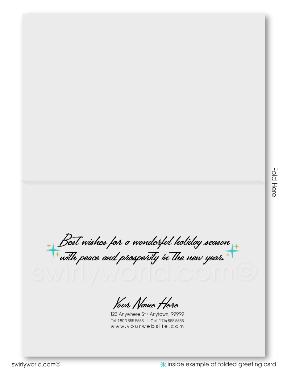 Swirly World Christmas Cards - Embrace vintage holiday charm with our Retro Atomic Ranch Christmas cards, featuring a vibrant mid-century living room with an Eames clock, Malm fireplace, Herman Miller lamp, and classic credenza. Customizable and crafted on premium cardstock, these cards add nostalgic flair to your holiday greetings.