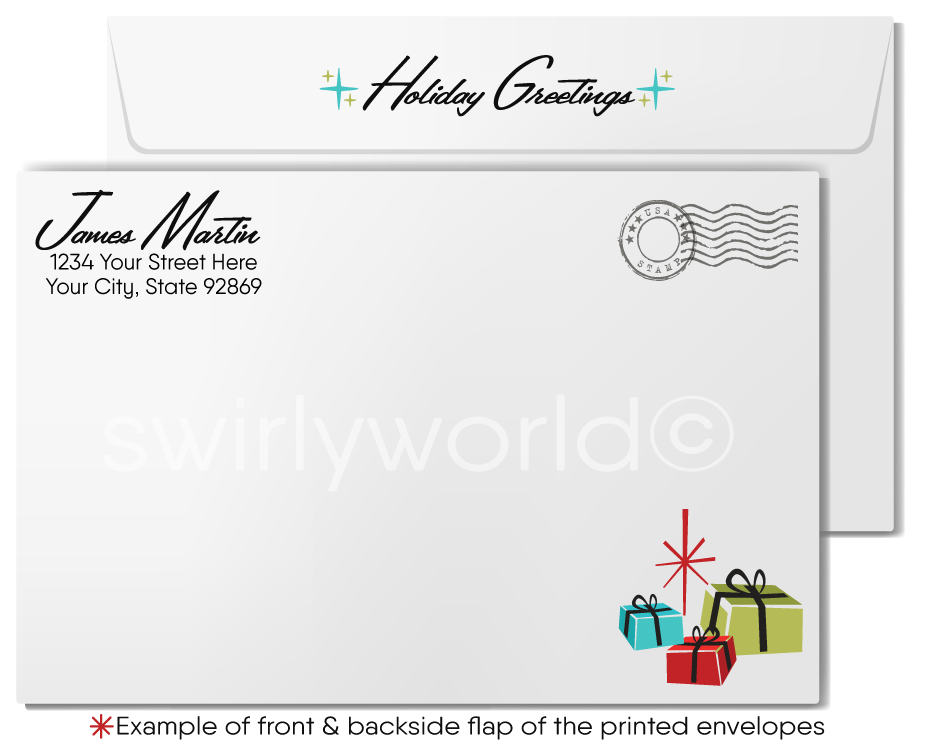 Customizable Retro Atomic Ranch Christmas Card with Mid-Century Living Room and Iconic MCM Decor