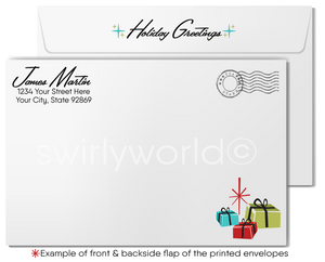 Customizable Retro Atomic Ranch Christmas Card with Mid-Century Living Room and Iconic MCM Decor