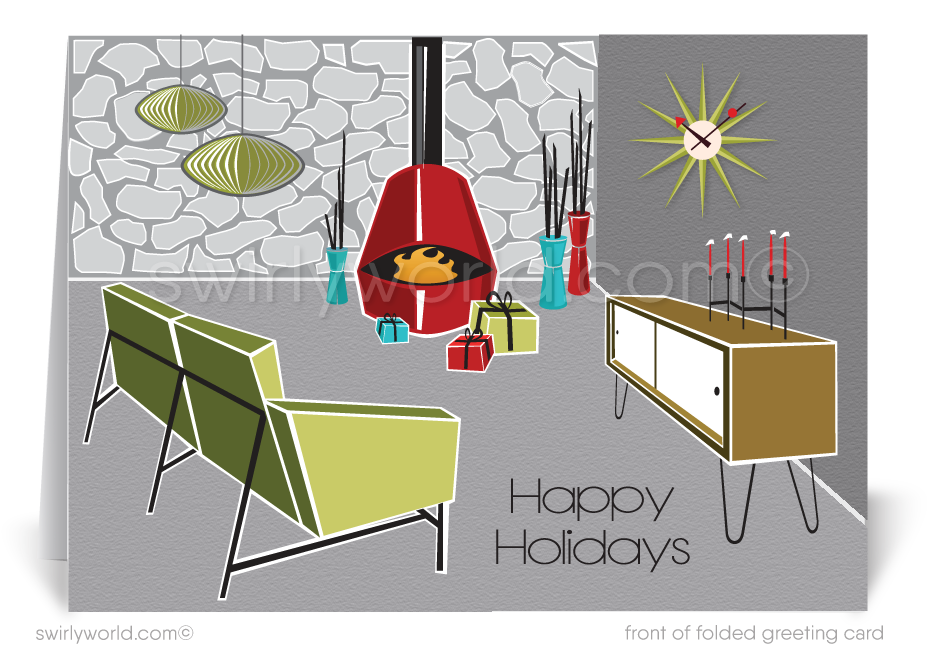 Swirly World Christmas Cards - Embrace vintage holiday charm with our Retro Atomic Ranch Christmas cards, featuring a vibrant mid-century living room with an Eames clock, Malm fireplace, Herman Miller lamp, and classic credenza. Customizable and crafted on premium cardstock, these cards add nostalgic flair to your holiday greetings.