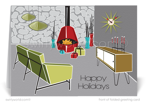 Swirly World Christmas Cards - Embrace vintage holiday charm with our Retro Atomic Ranch Christmas cards, featuring a vibrant mid-century living room with an Eames clock, Malm fireplace, Herman Miller lamp, and classic credenza. Customizable and crafted on premium cardstock, these cards add nostalgic flair to your holiday greetings.
