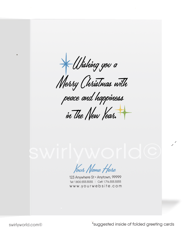 Celebrate the season with a vintage 1960s-inspired Christmas card featuring a mid-century modern "Three Kings" design in classic MCM colors.