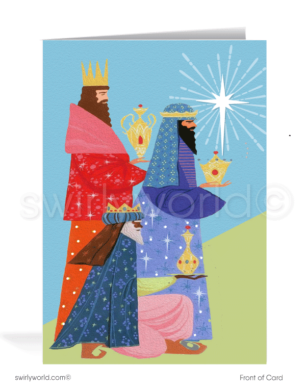 Vintage 1960s mid-century modern Three Kings Merry Christmas printed holiday greeting cards.