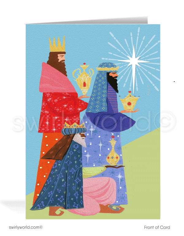 Celebrate the season with a vintage 1960s-inspired Christmas card featuring a mid-century modern "Three Kings" design in classic MCM colors.