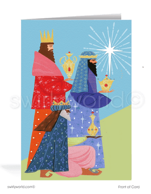 Celebrate the season with a vintage 1960s-inspired Christmas card featuring a mid-century modern "Three Kings" design in classic MCM colors.