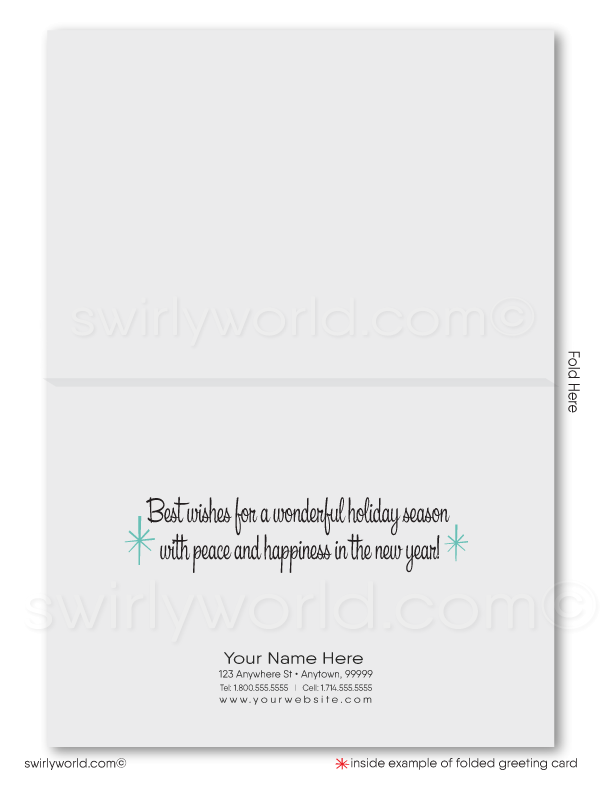 Swirly World offers a stylish "Happy Holidays" card in cool blue, featuring mid-century modern graphics with bold snowflakes and a geometric swirl for a chic holiday touch.