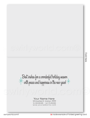 Chic Mid-Century Modern "Happy Holidays" Card with Bold Snowflakes and Geometric Swirl