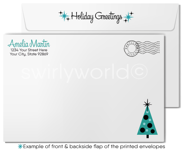 Chic Mid-Century Modern "Happy Holidays" Card with Bold Snowflakes and Geometric Swirl